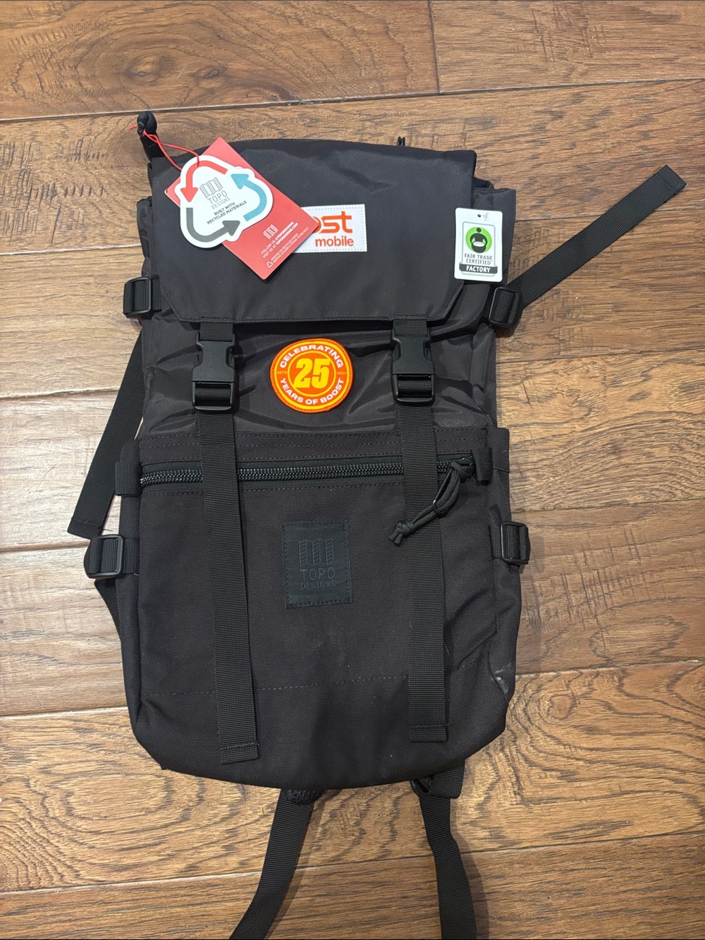 Topo Designs Black Roll-Top Backpack with 25th Anniversary Patch